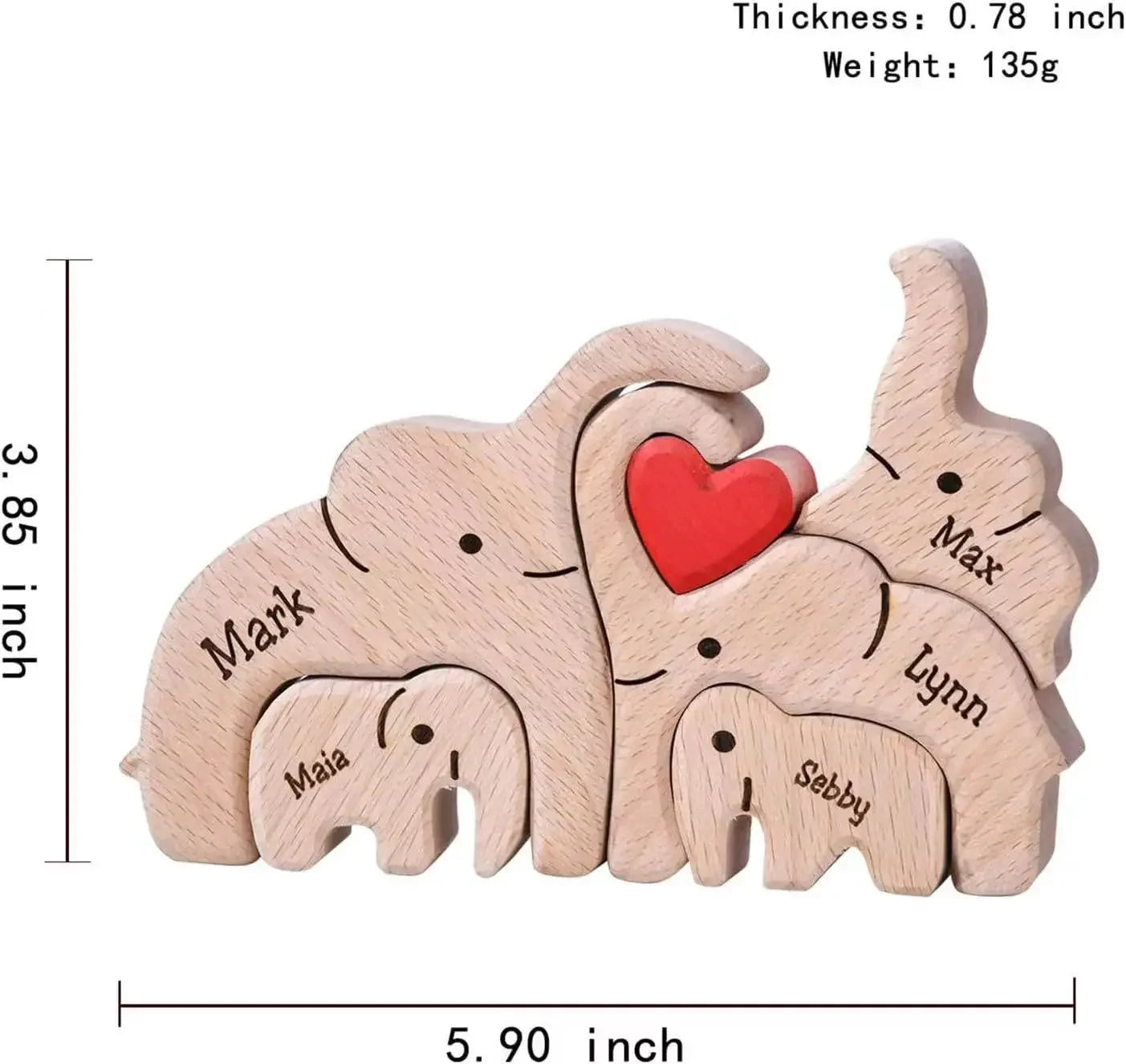 Personalized wooden elephant family sculpture with names engraved on each elephant and a heart detail