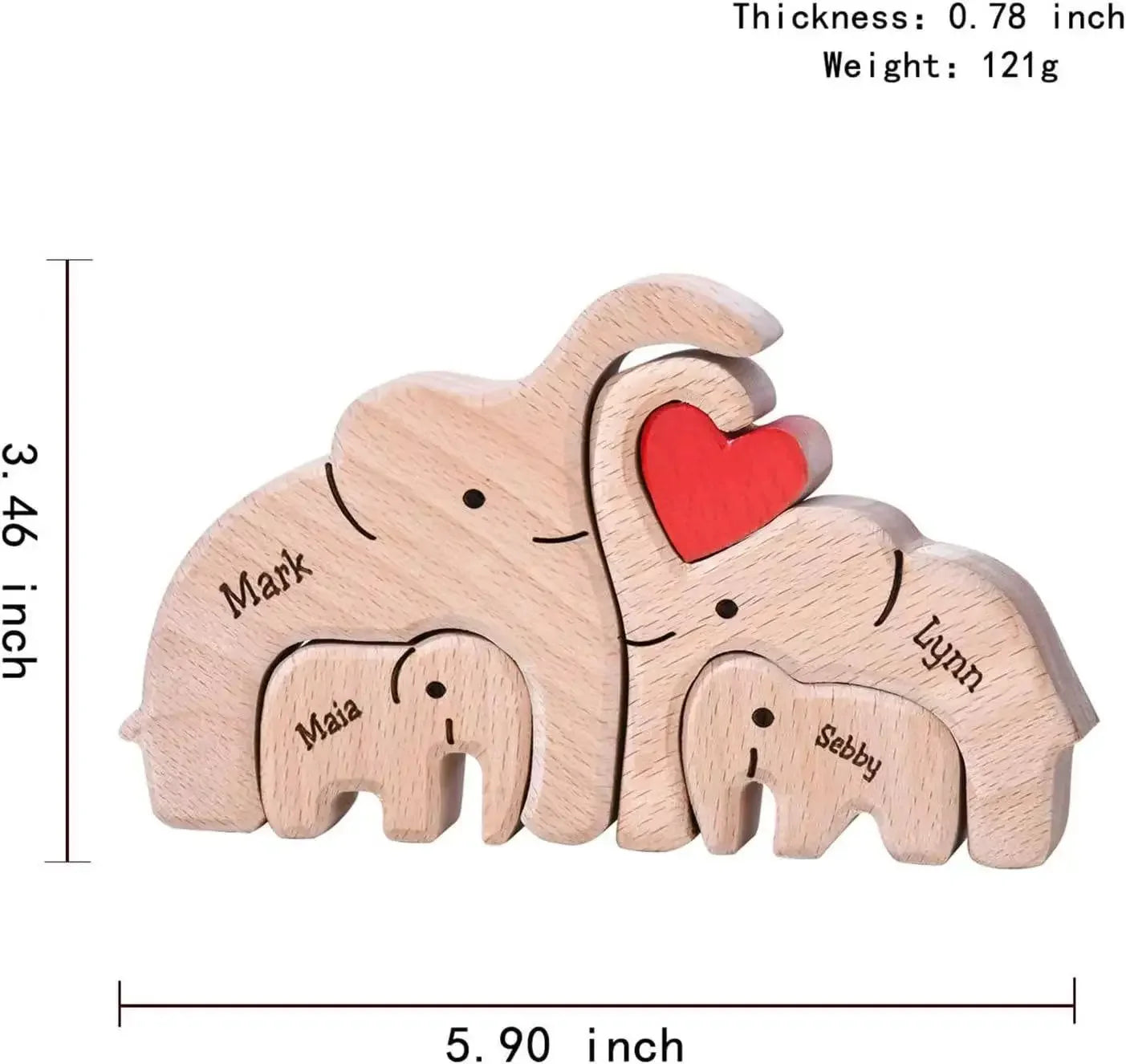 Personalized wooden elephant family sculpture featuring names Mark, Lynn, Maia, and Sebby with a heart design