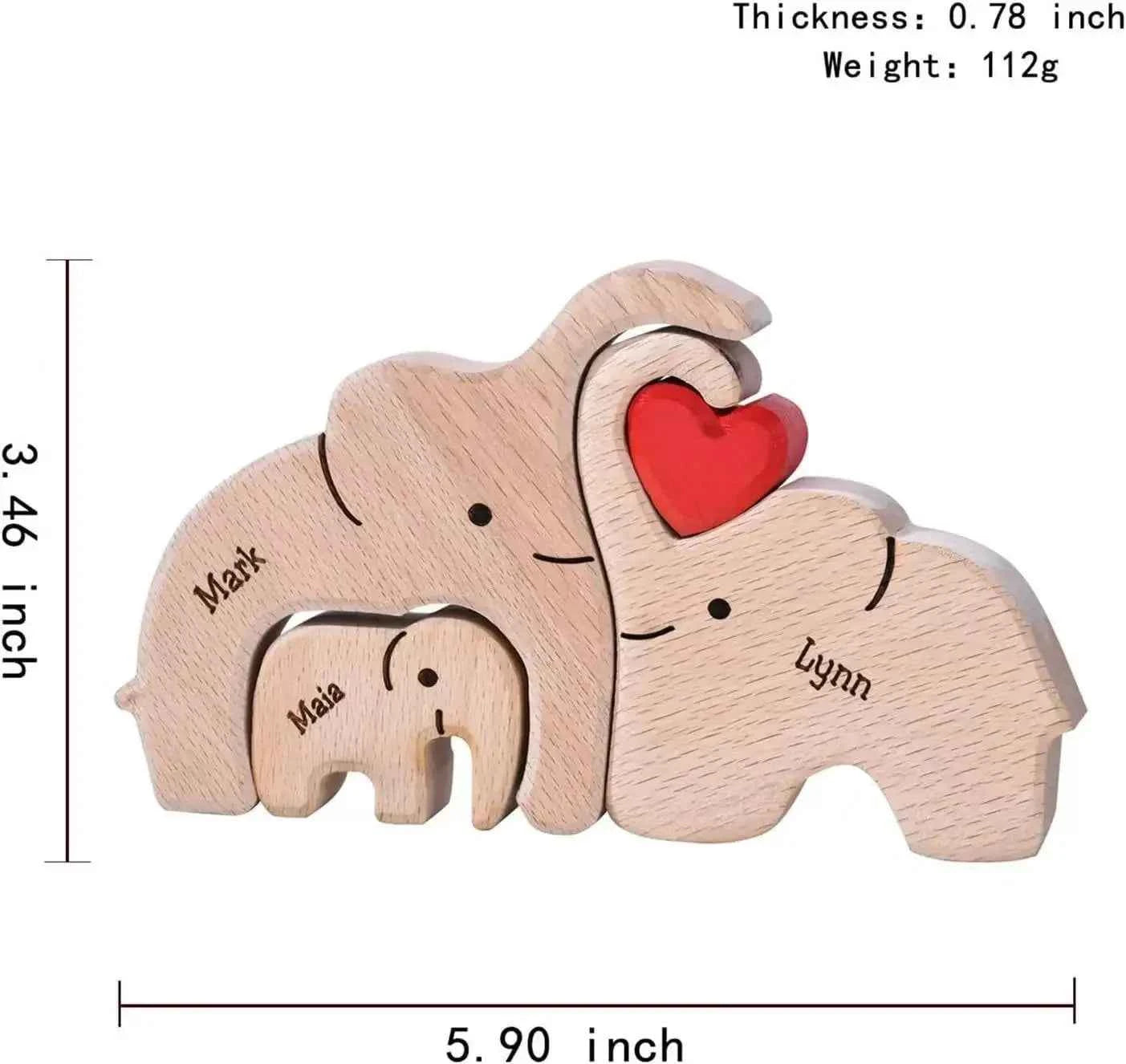 Personalized wooden elephant family sculpture featuring three elephants with custom names and a heart