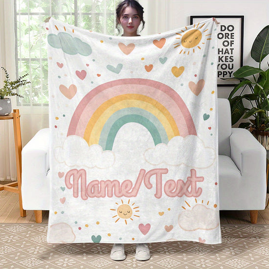 Personalized Rainbow Hearts Flannel Blanket Soft Warm Durable