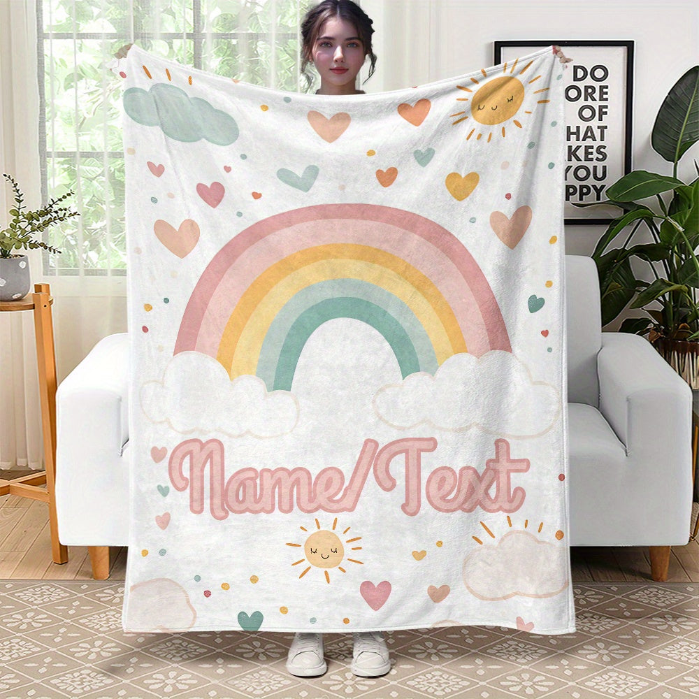 Personalized Rainbow Hearts Flannel Blanket Soft Warm Durable