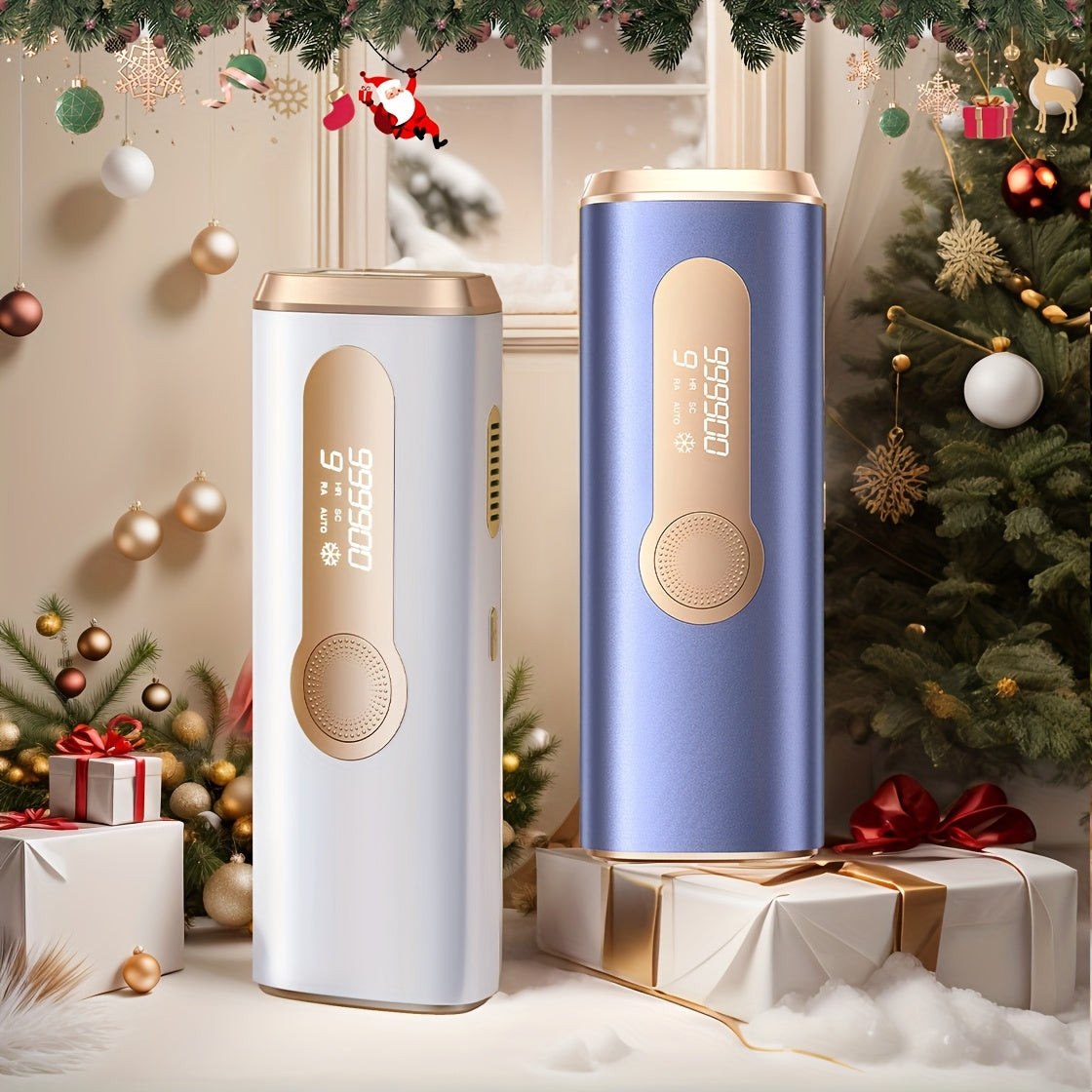 Stylish permanent IPL hair removal devices with a cooling function, displayed in a festive holiday setting with Christmas decorations, gifts, and a Christmas tree in the background.