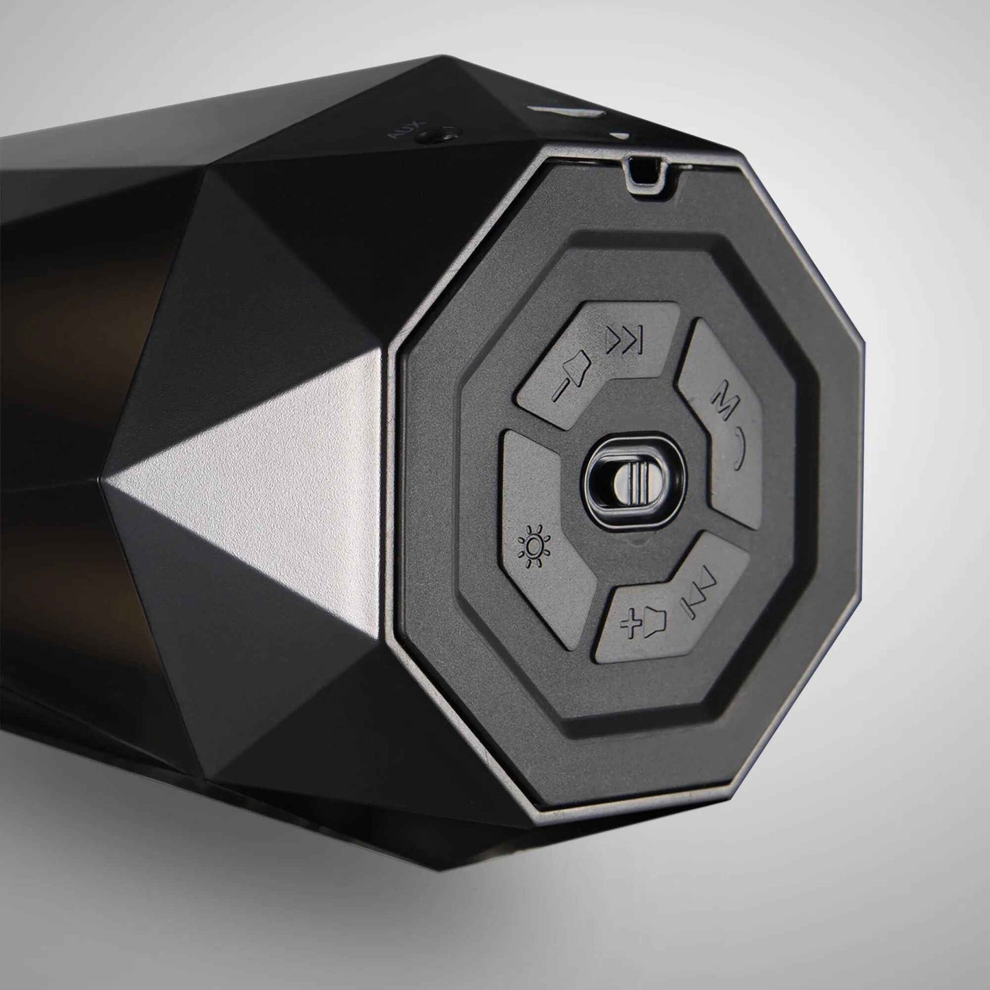 RGB LED light speaker with geometric design and control buttons for easy operation
