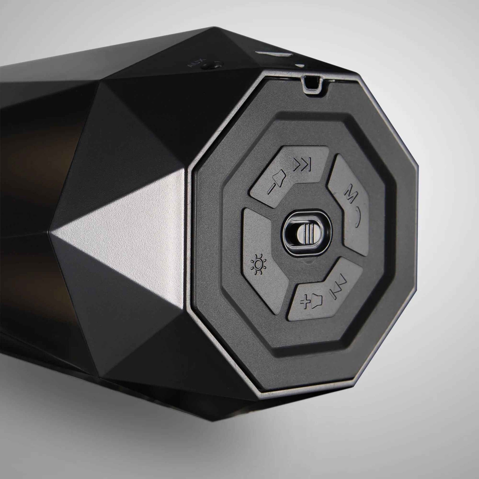 RGB LED light speaker with geometric design and control buttons for easy operation