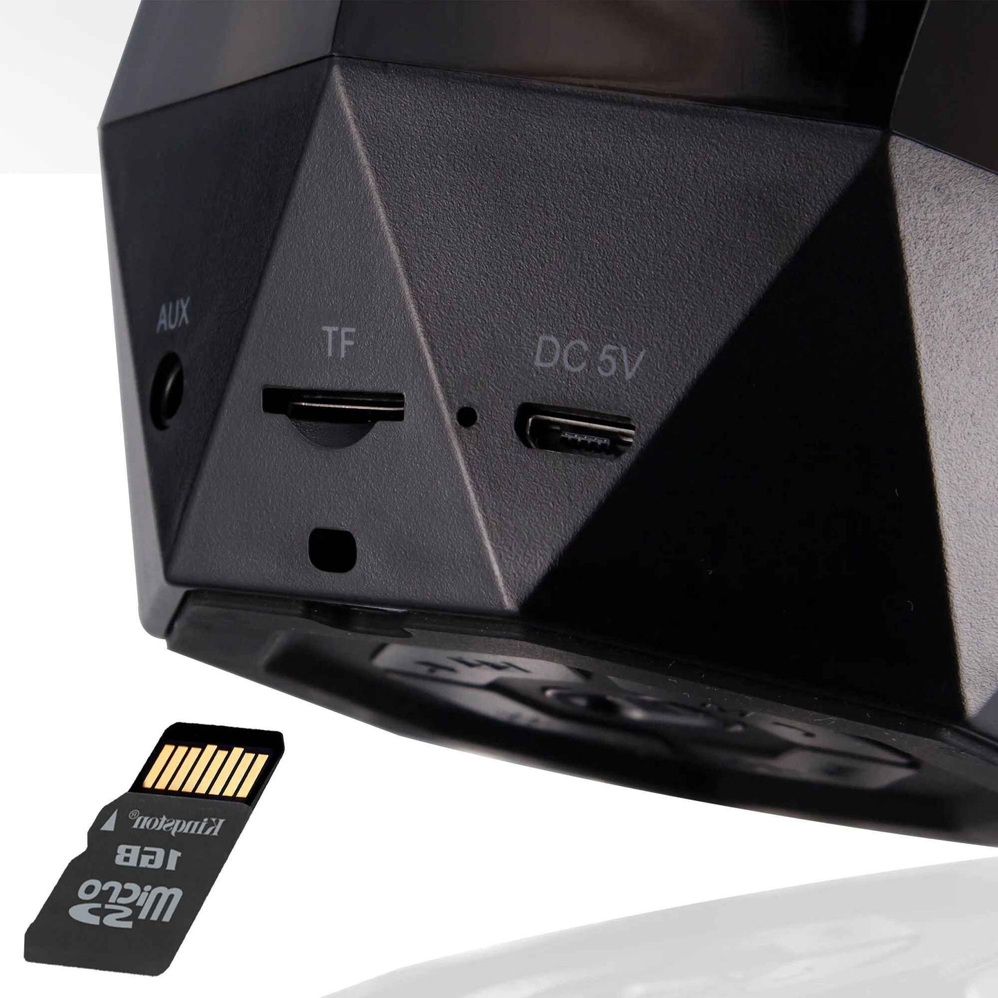 Close-up of RGB LED light speaker showing AUX, TF, and DC 5V ports for versatile connectivity