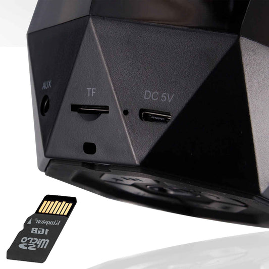 Close-up of RGB LED light speaker showing AUX, TF, and DC 5V ports for versatile connectivity