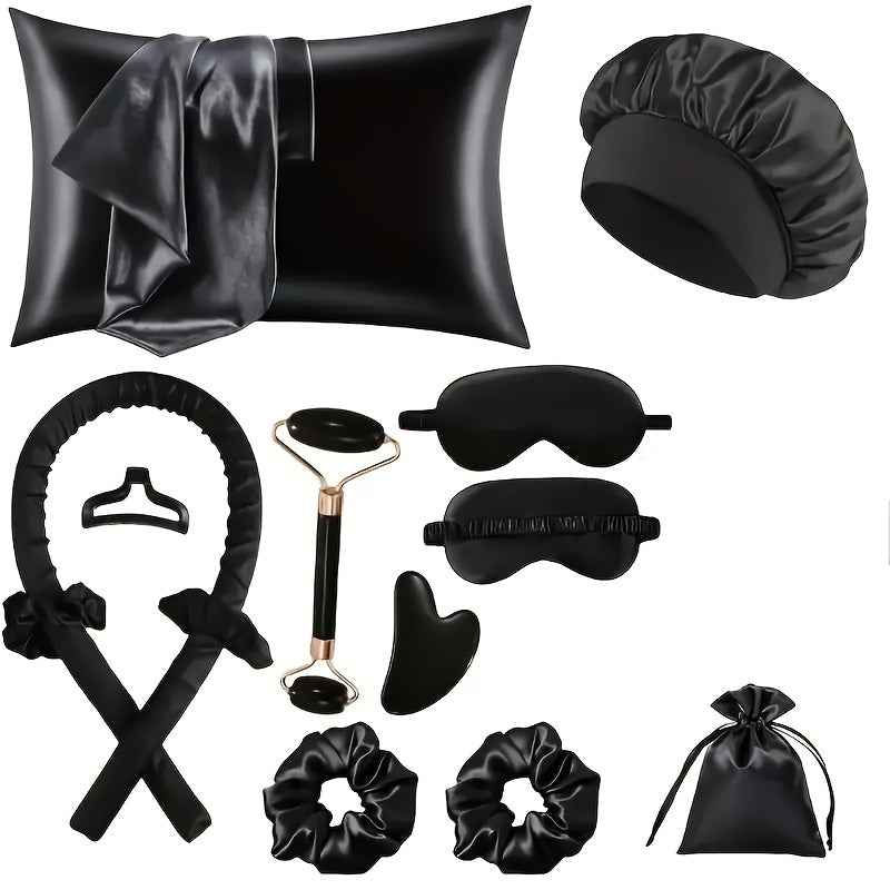 Zimonto sleep styling set for hair including silk pillowcase, eye mask, hair scrunchies, and roller