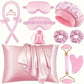 Zimonto sleep styling set for hair including silk pillowcase, scrunchies, eye masks, and hair accessories in pink