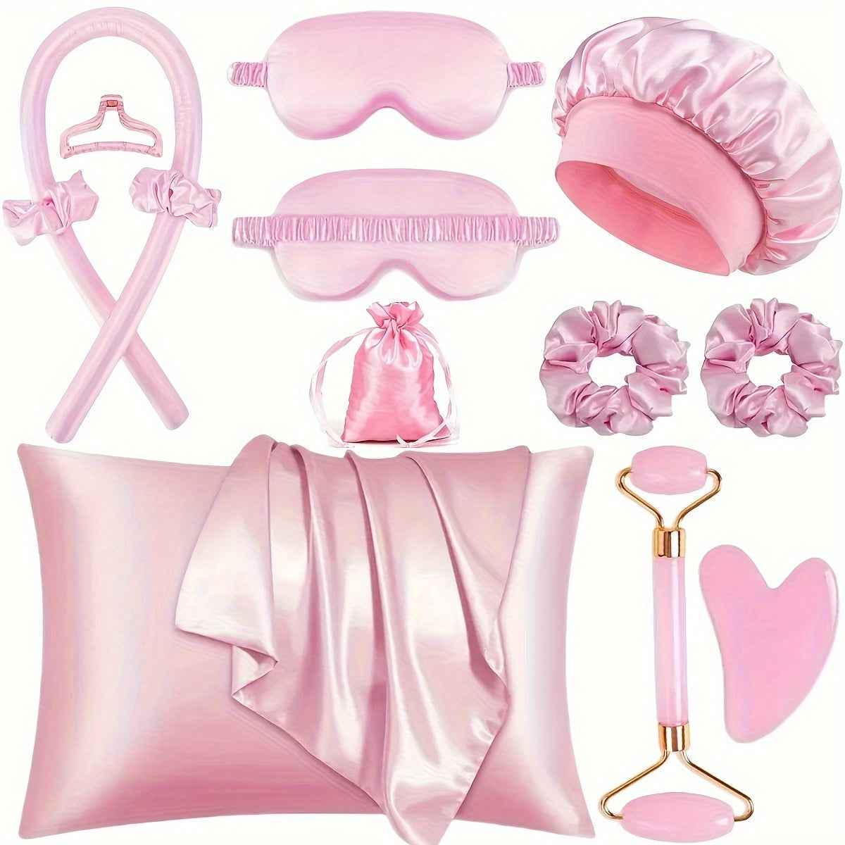 Zimonto sleep styling set for hair including silk pillowcase, scrunchies, eye masks, and hair accessories in pink