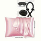 Zimonto sleep styling set for hair featuring a silk pillowcase, sleep mask, and hair wrap in pink