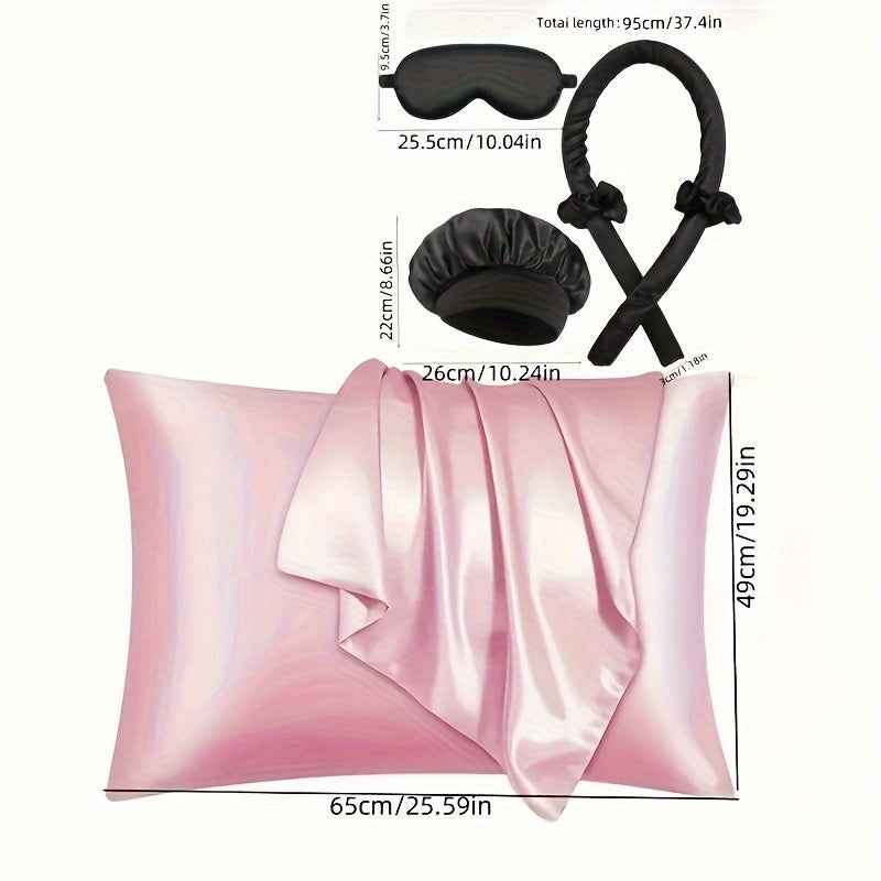 Zimonto sleep styling set for hair featuring a silk pillowcase, sleep mask, and hair wrap in pink
