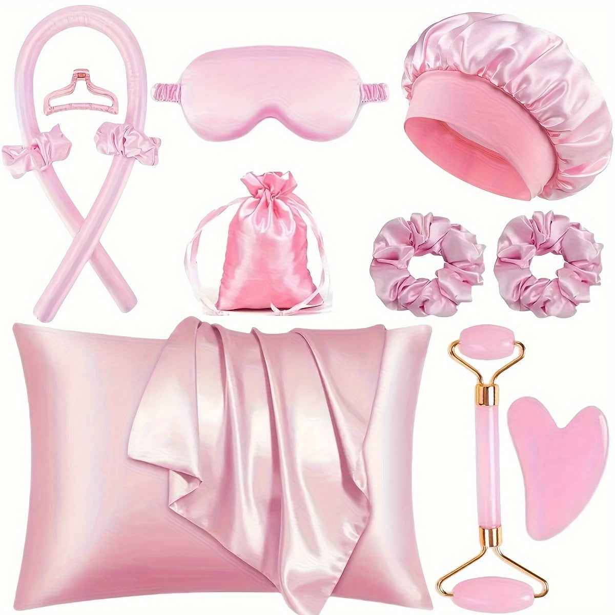 Zimonto sleep styling set for hair including satin pillowcase, sleep mask, and hair accessories