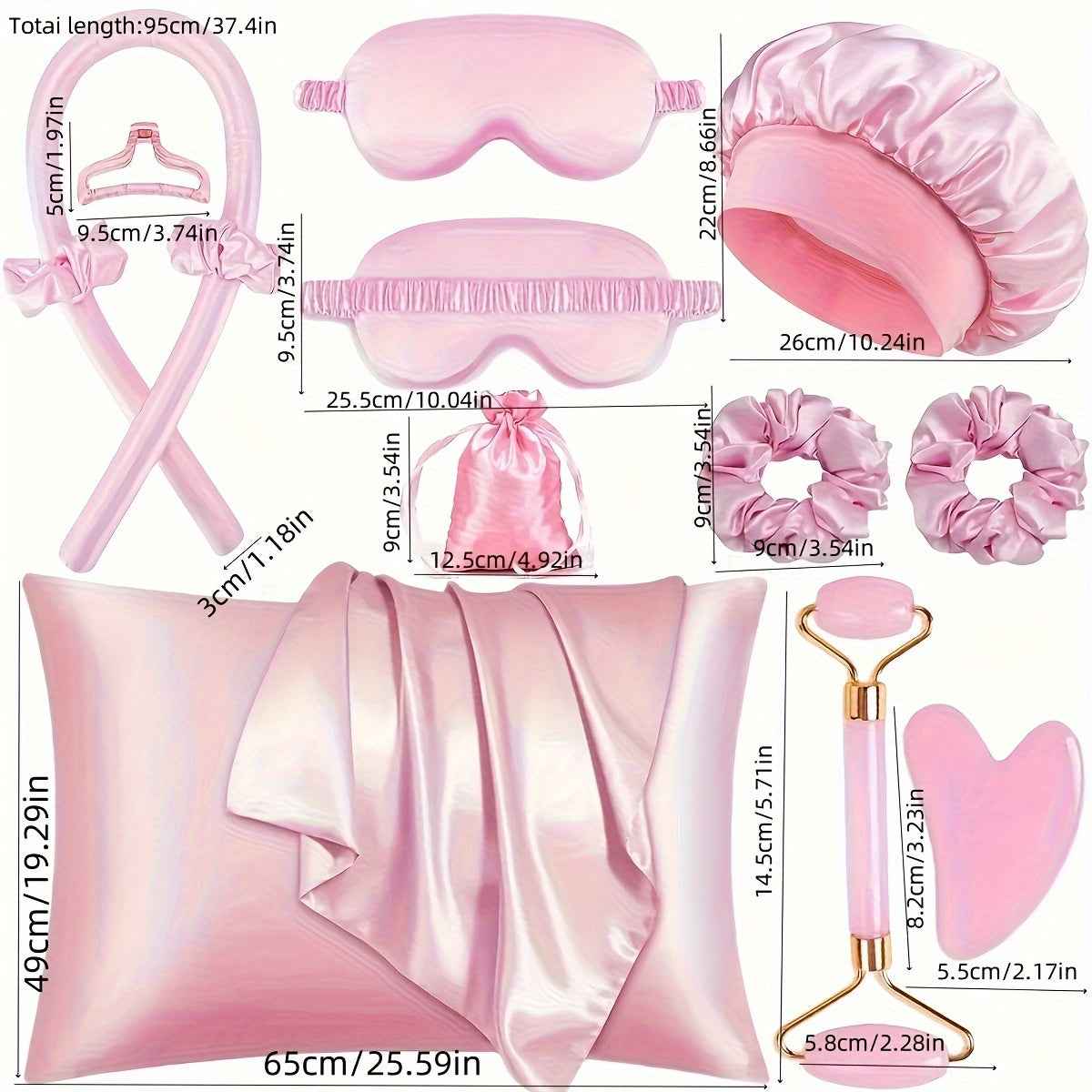 Zimonto sleep styling set for hair featuring silk pillowcase, eye mask, and hair accessories in soft pink