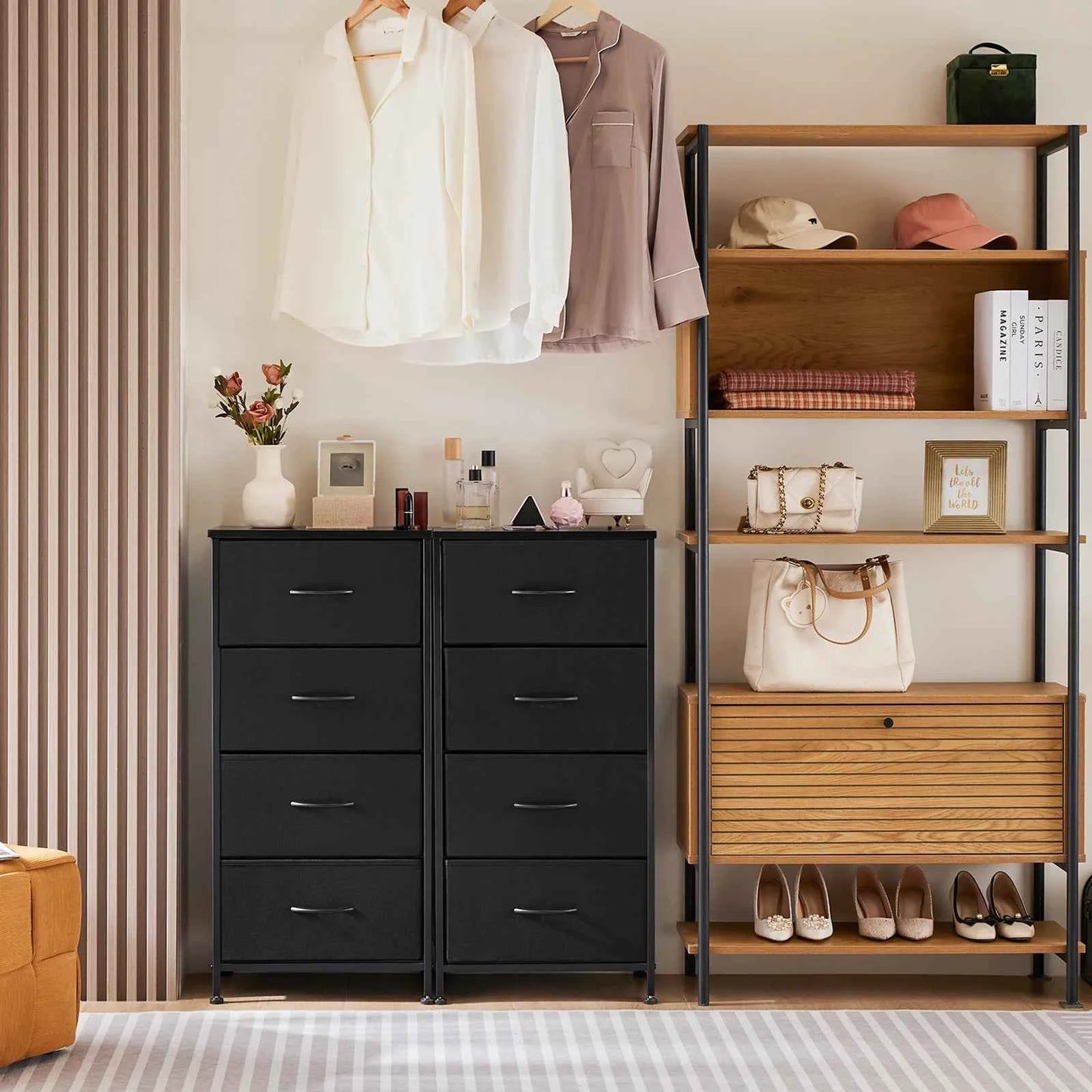 Zimonto steel frame storage solution featuring a stylish dresser and open shelving unit for organized spaces