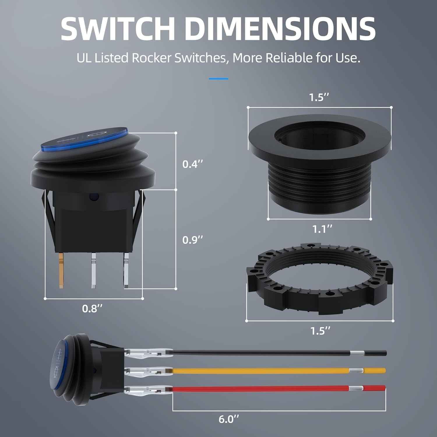 Dimensions of Zimonto waterproof rocker switch 12V with detailed parts and wiring information