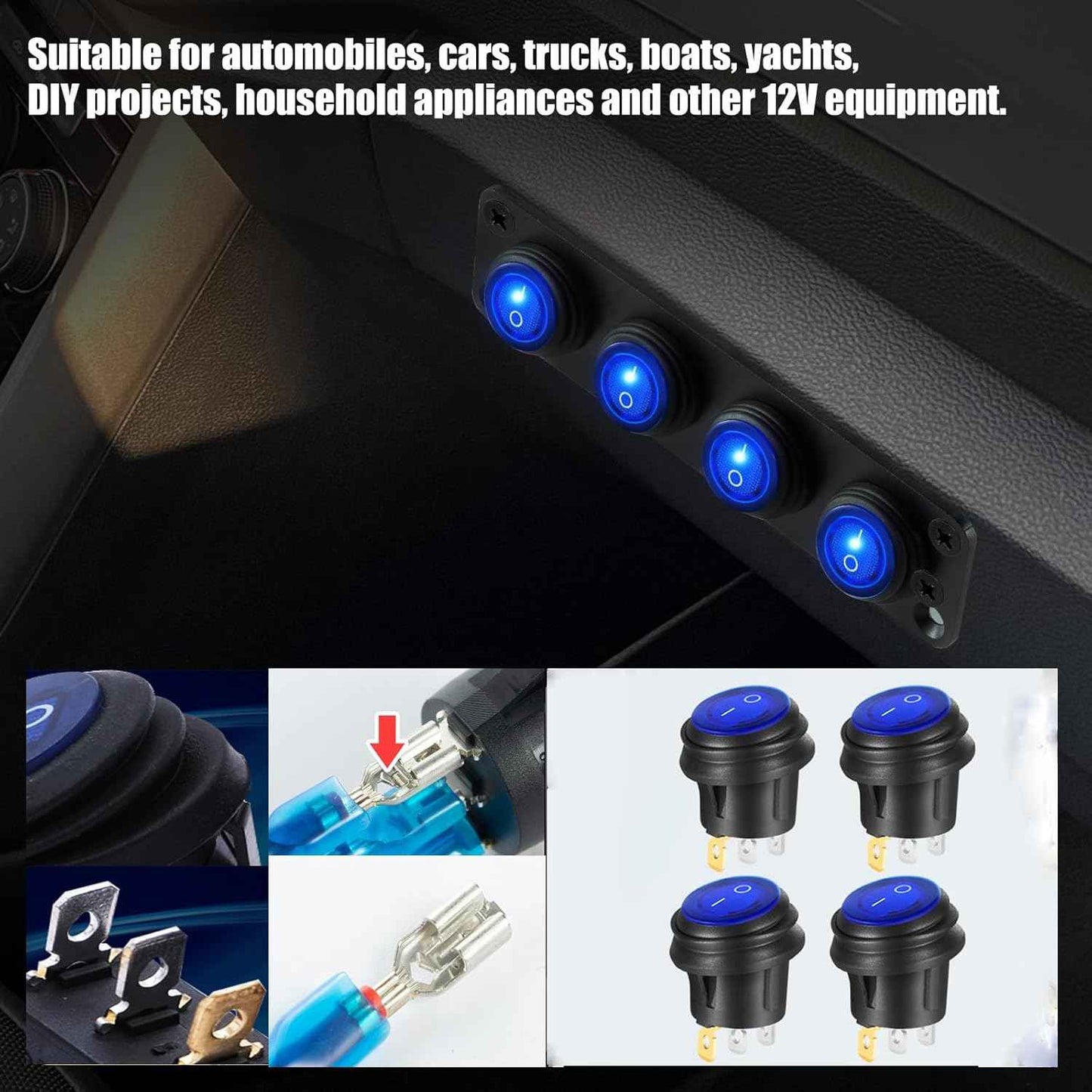 Zimonto waterproof rocker switch 12V with blue LED lights for vehicles and DIY projects