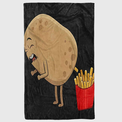 Whimsical French Fry Blanket featuring a cartoon potato character with fries
