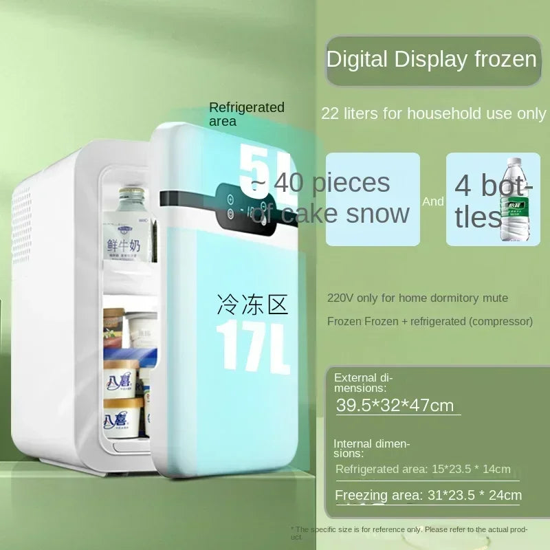 Zimonto - 220V Compact Portable Fridge Mini for Car and Home Use, Dormitory Refrigerator, Small Freezer with Vehicle Power Adapter A 22L display screen B
