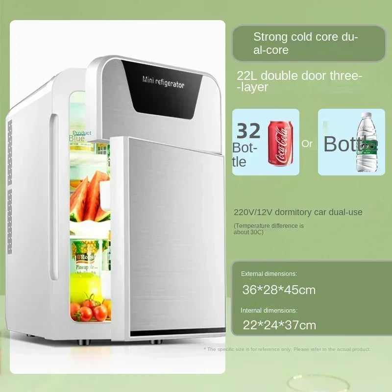 Zimonto - 220V Compact Portable Fridge Mini for Car and Home Use, Dormitory Refrigerator, Small Freezer with Vehicle Power Adapter A 22L 2 cooling units