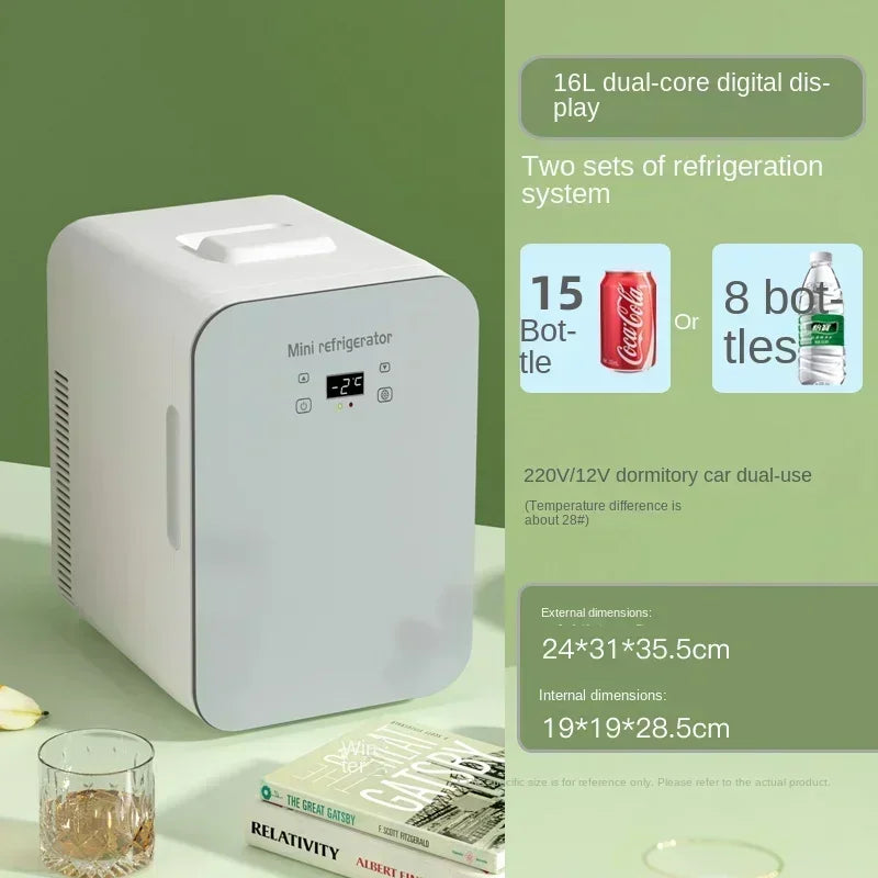 Zimonto - 220V Compact Portable Fridge Mini for Car and Home Use, Dormitory Refrigerator, Small Freezer with Vehicle Power Adapter A 16L display screen
