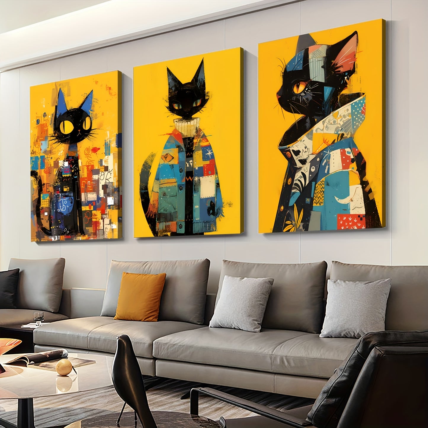Zimonto - 3pcs Set of High-Definition Cat Art Prints with Frames - Perfect for Living Room, Bedroom & Entryway Decor | Ideal Gift for Friends, Cat Decor