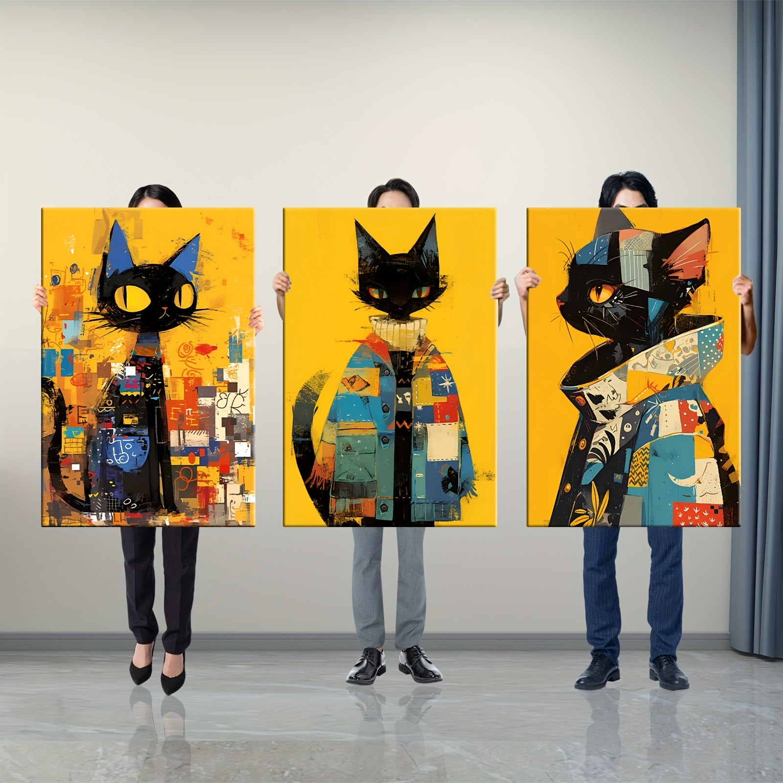 Zimonto - 3pcs Set of High-Definition Cat Art Prints with Frames - Perfect for Living Room, Bedroom & Entryway Decor | Ideal Gift for Friends, Cat Decor