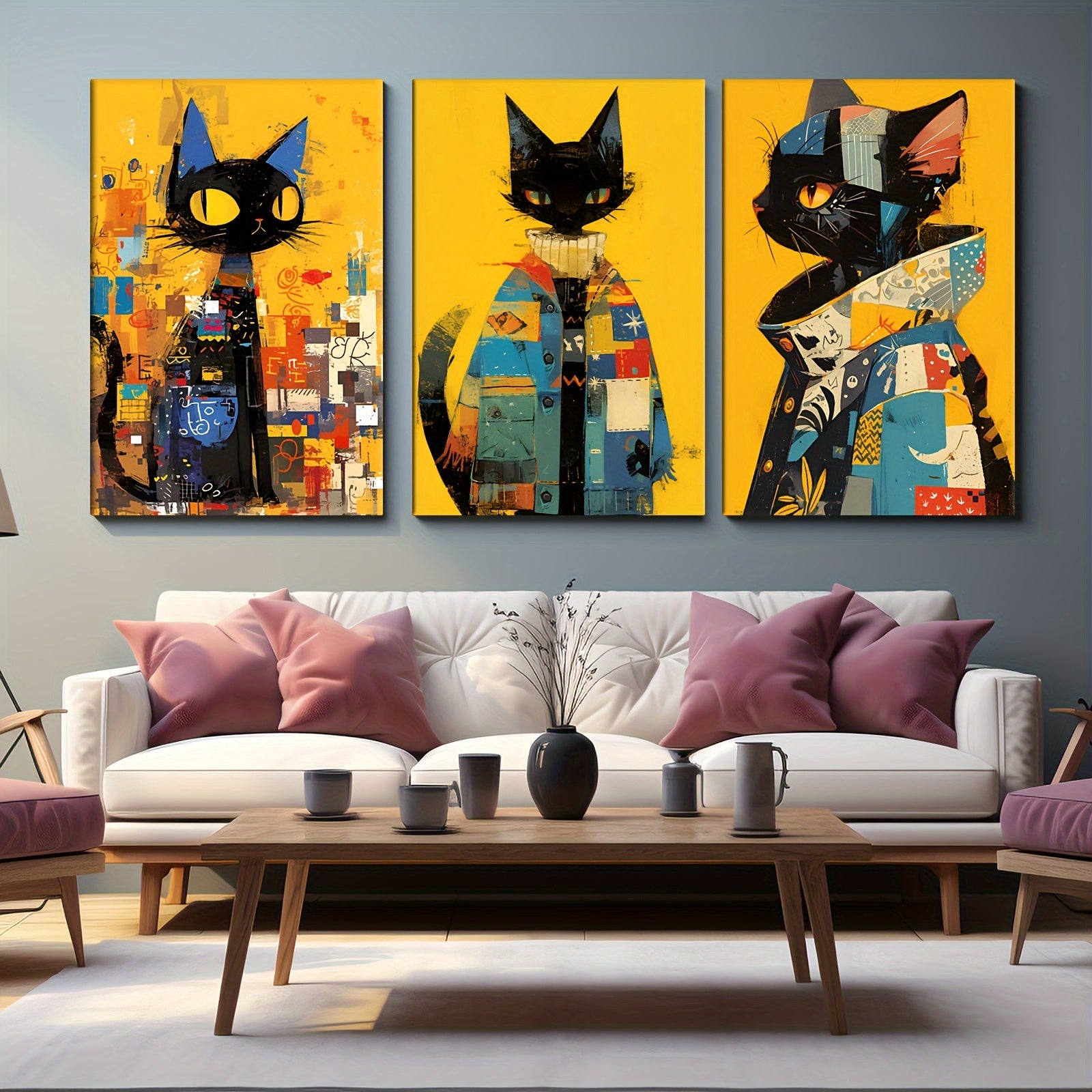 Zimonto - 3pcs Set of High-Definition Cat Art Prints with Frames - Perfect for Living Room, Bedroom & Entryway Decor | Ideal Gift for Friends, Cat Decor