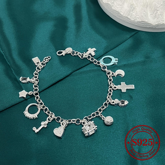 Zimonto - 925 Sterling Silvery, Heart and Key Pendant Bracelet, 13 Small Pendants, Bohemian Style, Shiny and Exquisite Silvery Jewelry, Women's Fashion Jewelry Accessory, Perfect Valentine's Day Gift, 0.84oz