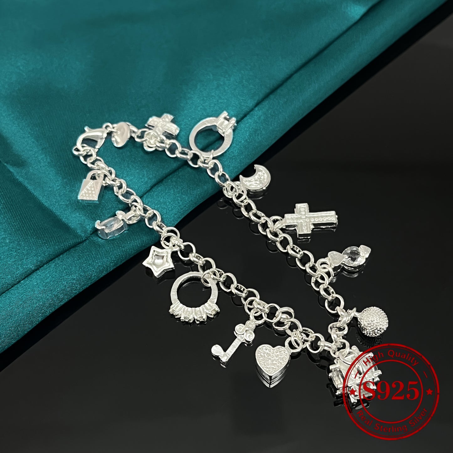 Zimonto - 925 Sterling Silvery, Heart and Key Pendant Bracelet, 13 Small Pendants, Bohemian Style, Shiny and Exquisite Silvery Jewelry, Women's Fashion Jewelry Accessory, Perfect Valentine's Day Gift, 0.84oz