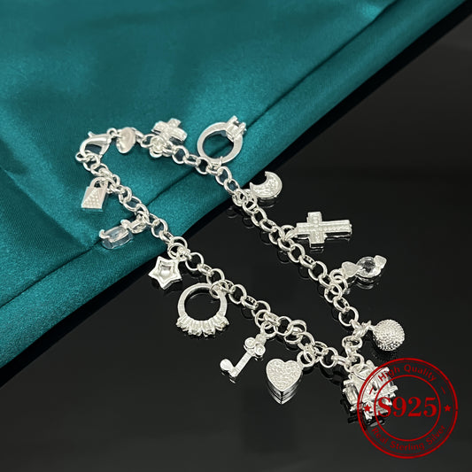Zimonto - 925 Sterling Silvery, Heart and Key Pendant Bracelet, 13 Small Pendants, Bohemian Style, Shiny and Exquisite Silvery Jewelry, Women's Fashion Jewelry Accessory, Perfect Valentine's Day Gift, 0.84oz