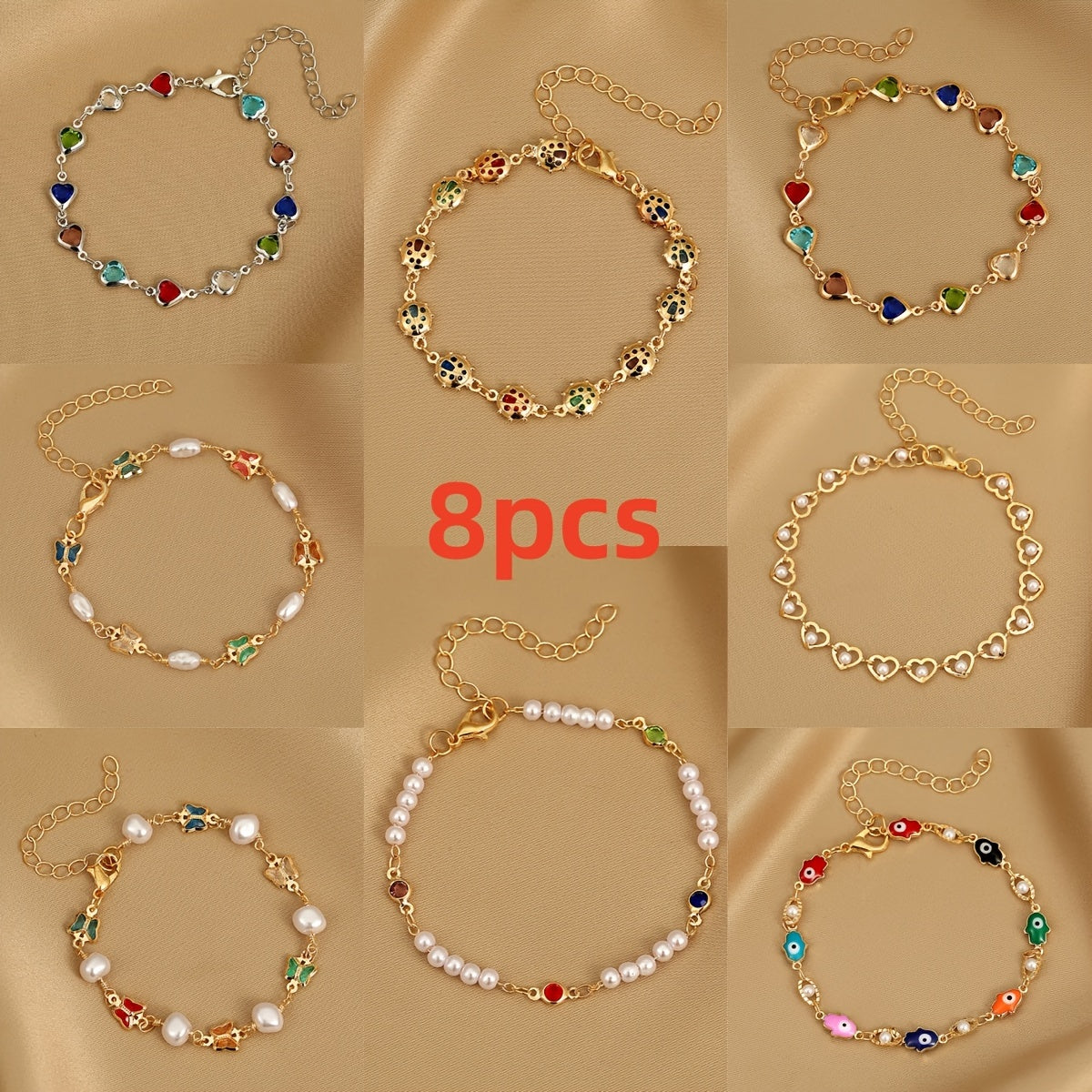 Zimonto - 8PCS Colorful Faux Crystal Love Heart Butterfly Artificial Pearl Beaded Bracelet For Women, Elegant Cute Golden Bracelets Set For Her, Perfect For Party Holiday Casual Daily Wear 8pcs