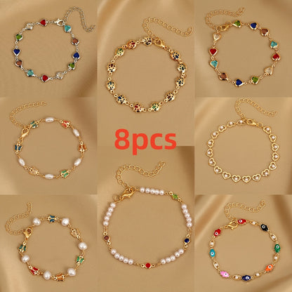 Zimonto - 8PCS Colorful Faux Crystal Love Heart Butterfly Artificial Pearl Beaded Bracelet For Women, Elegant Cute Golden Bracelets Set For Her, Perfect For Party Holiday Casual Daily Wear 8pcs