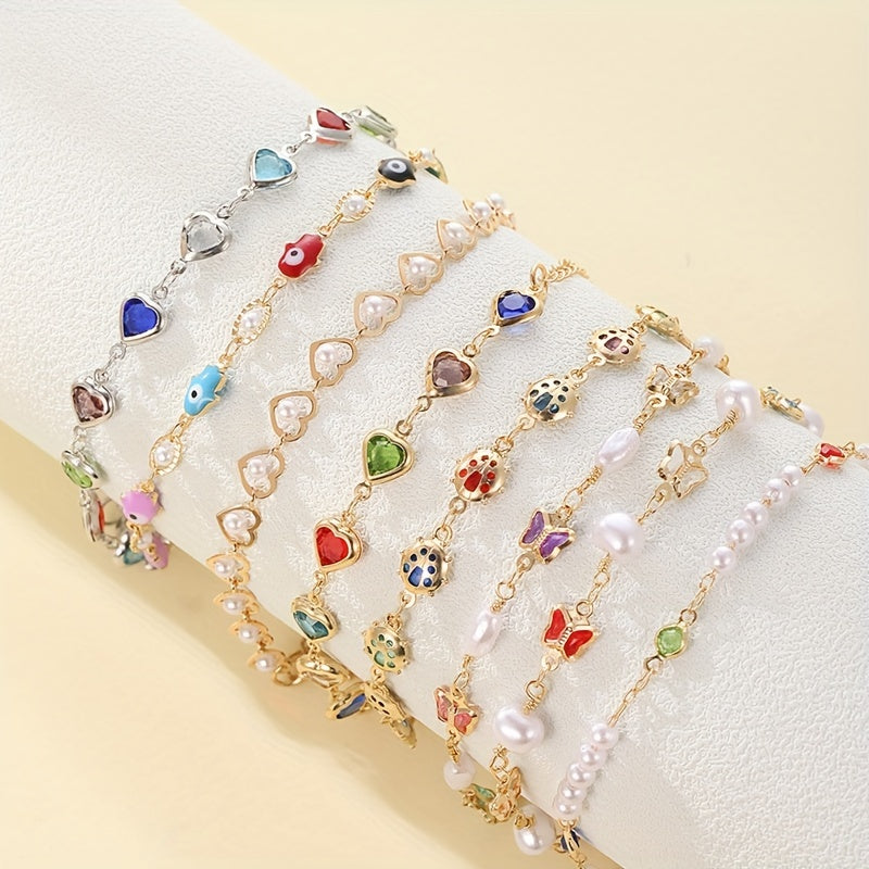 Zimonto - 8PCS Colorful Faux Crystal Love Heart Butterfly Artificial Pearl Beaded Bracelet For Women, Elegant Cute Golden Bracelets Set For Her, Perfect For Party Holiday Casual Daily Wear