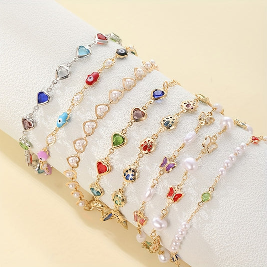 Zimonto - 8PCS Colorful Faux Crystal Love Heart Butterfly Artificial Pearl Beaded Bracelet For Women, Elegant Cute Golden Bracelets Set For Her, Perfect For Party Holiday Casual Daily Wear