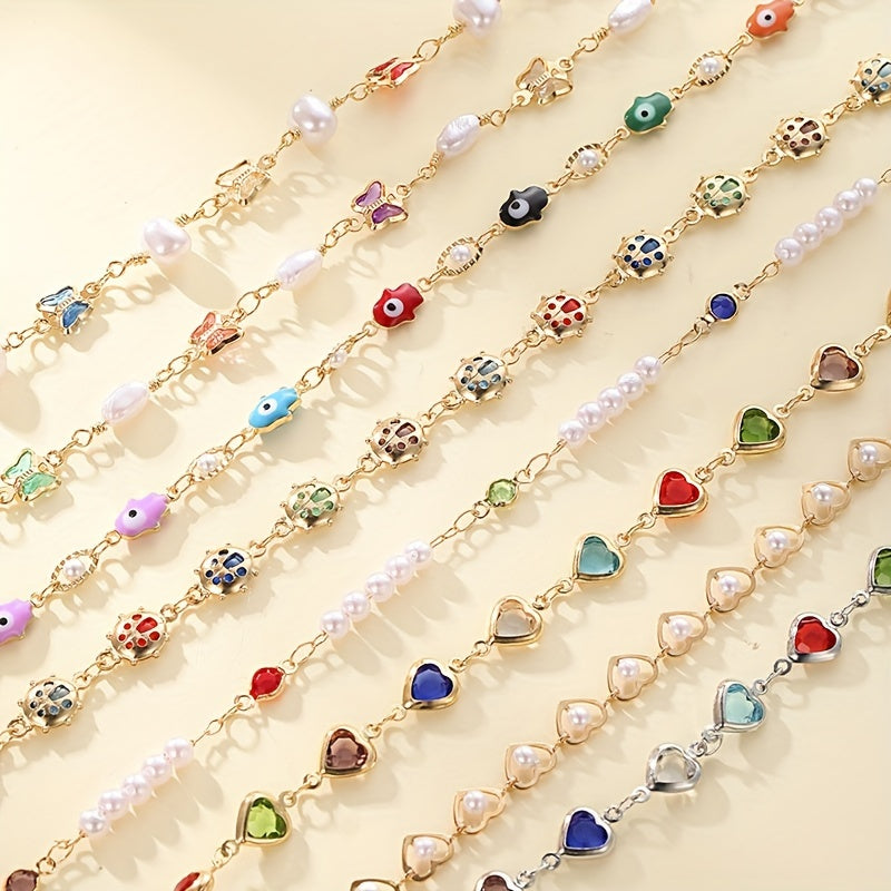 Zimonto - 8PCS Colorful Faux Crystal Love Heart Butterfly Artificial Pearl Beaded Bracelet For Women, Elegant Cute Golden Bracelets Set For Her, Perfect For Party Holiday Casual Daily Wear