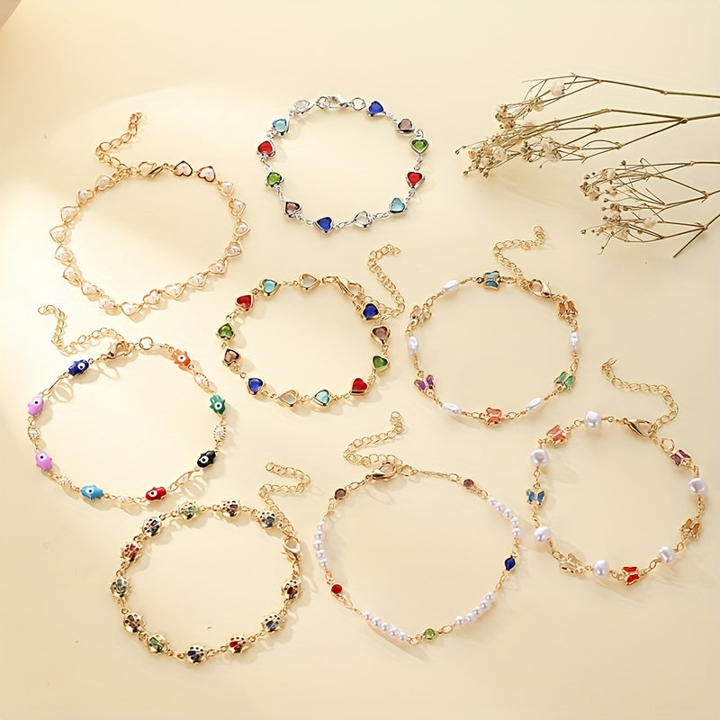 Zimonto - 8PCS Colorful Faux Crystal Love Heart Butterfly Artificial Pearl Beaded Bracelet For Women, Elegant Cute Golden Bracelets Set For Her, Perfect For Party Holiday Casual Daily Wear