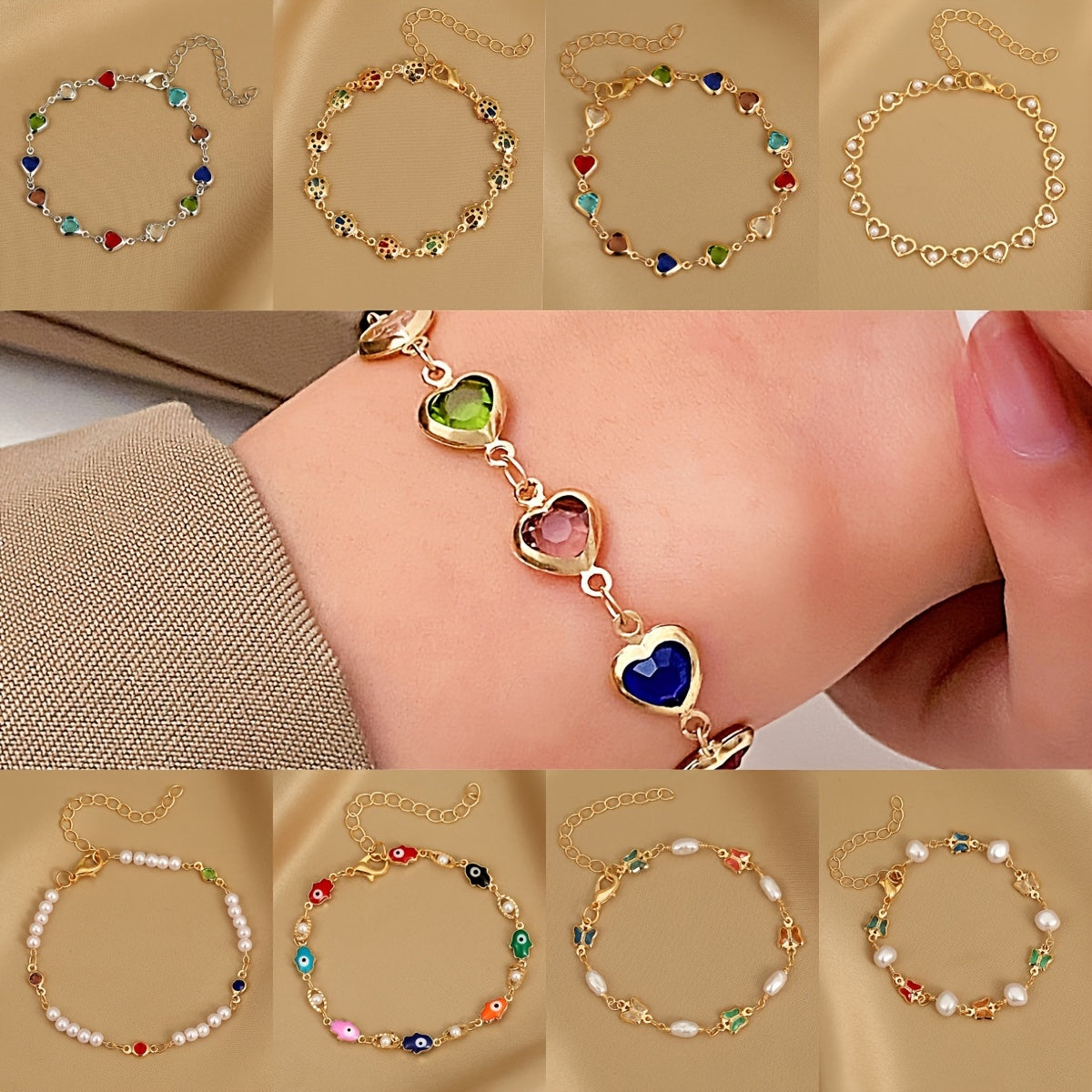 Zimonto - 8PCS Colorful Faux Crystal Love Heart Butterfly Artificial Pearl Beaded Bracelet For Women, Elegant Cute Golden Bracelets Set For Her, Perfect For Party Holiday Casual Daily Wear
