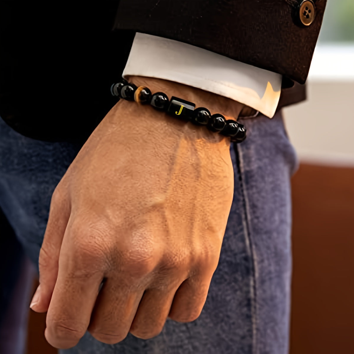 Zimonto - 1pc A to Z 26 Letters Fashion Tiger Eye Stone Men's Bracelet, Perfect Birthday, Valentine's Day, and Father's Day Gift for Husband and Boyfriend