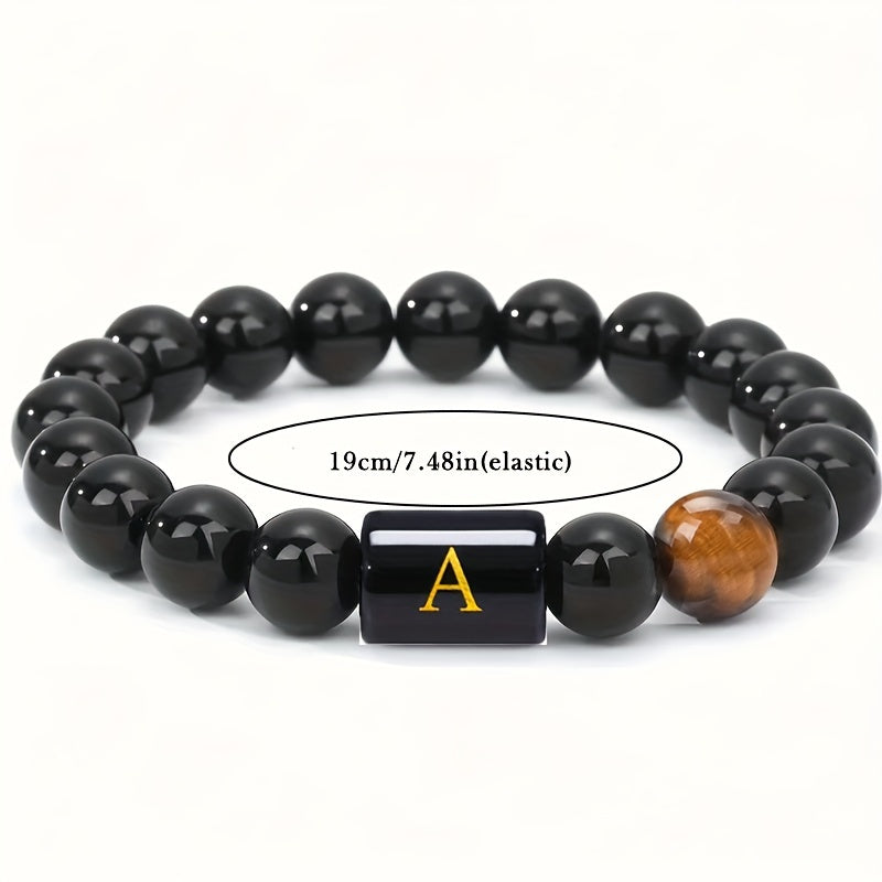 Zimonto - 1pc A to Z 26 Letters Fashion Tiger Eye Stone Men's Bracelet, Perfect Birthday, Valentine's Day, and Father's Day Gift for Husband and Boyfriend