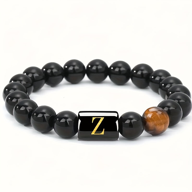 Zimonto - 1pc A to Z 26 Letters Fashion Tiger Eye Stone Men's Bracelet, Perfect Birthday, Valentine's Day, and Father's Day Gift for Husband and Boyfriend Z