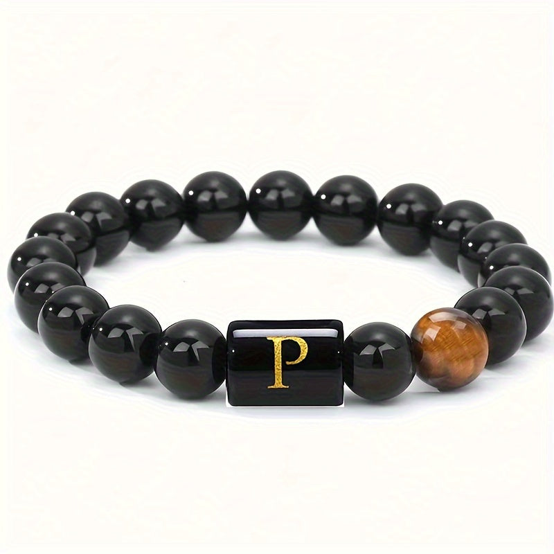 Zimonto - 1pc A to Z 26 Letters Fashion Tiger Eye Stone Men's Bracelet, Perfect Birthday, Valentine's Day, and Father's Day Gift for Husband and Boyfriend P