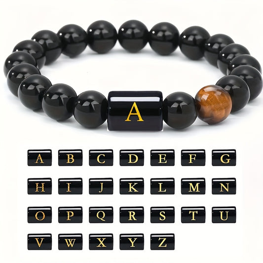 Zimonto - 1pc A to Z 26 Letters Fashion Tiger Eye Stone Men's Bracelet, Perfect Birthday, Valentine's Day, and Father's Day Gift for Husband and Boyfriend