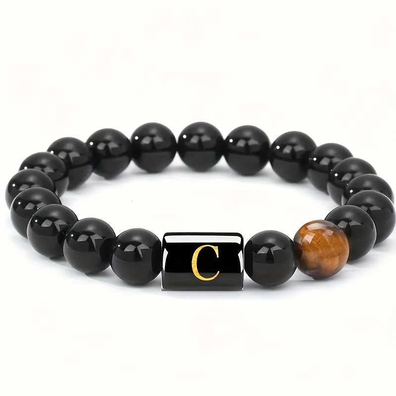 Zimonto - 1pc A to Z 26 Letters Fashion Tiger Eye Stone Men's Bracelet, Perfect Birthday, Valentine's Day, and Father's Day Gift for Husband and Boyfriend C