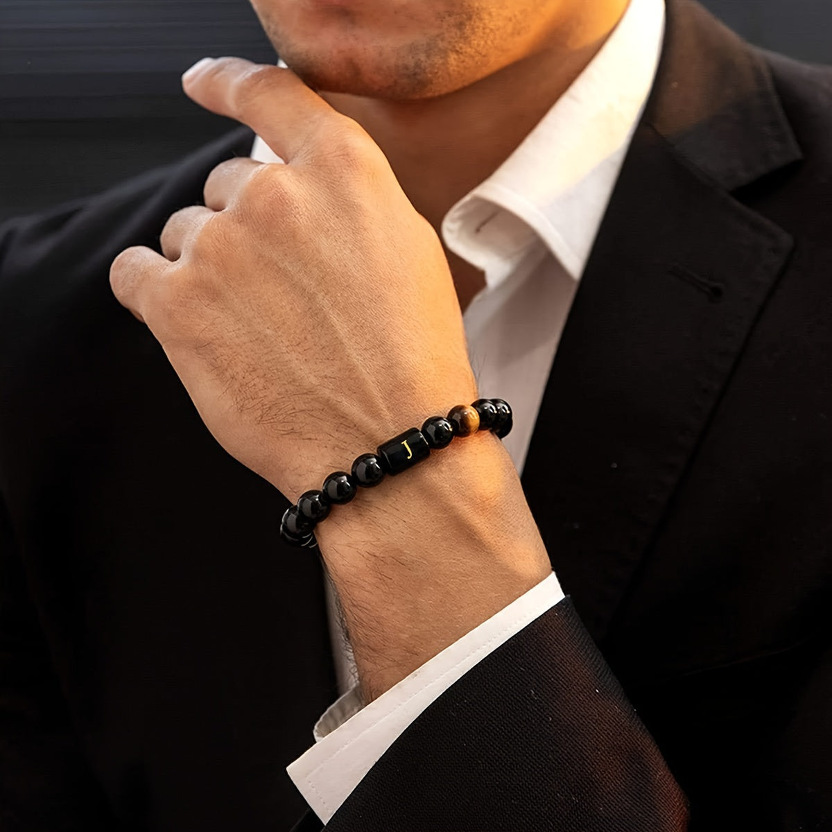 Zimonto - 1pc A to Z 26 Letters Fashion Tiger Eye Stone Men's Bracelet, Perfect Birthday, Valentine's Day, and Father's Day Gift for Husband and Boyfriend