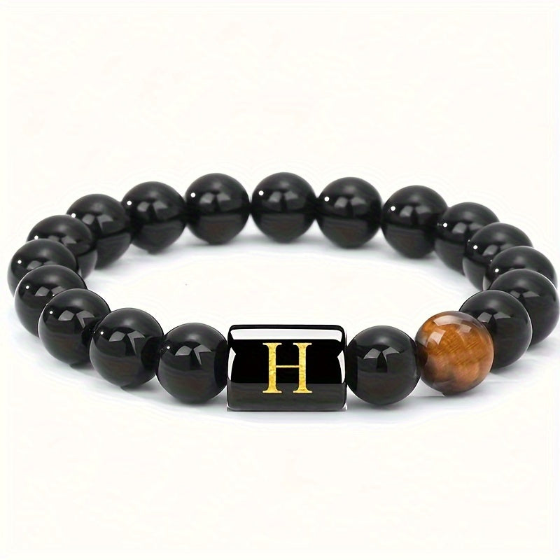 Zimonto - 1pc A to Z 26 Letters Fashion Tiger Eye Stone Men's Bracelet, Perfect Birthday, Valentine's Day, and Father's Day Gift for Husband and Boyfriend H