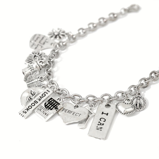 Zimonto - 1pc Iron Chain Alloy Pendant Bracelet Fashion Personality Coffee Cup Moon Butterfly Love Letters ICAN Musical Note Pendant Bracelet Gift for Sisters and Couples