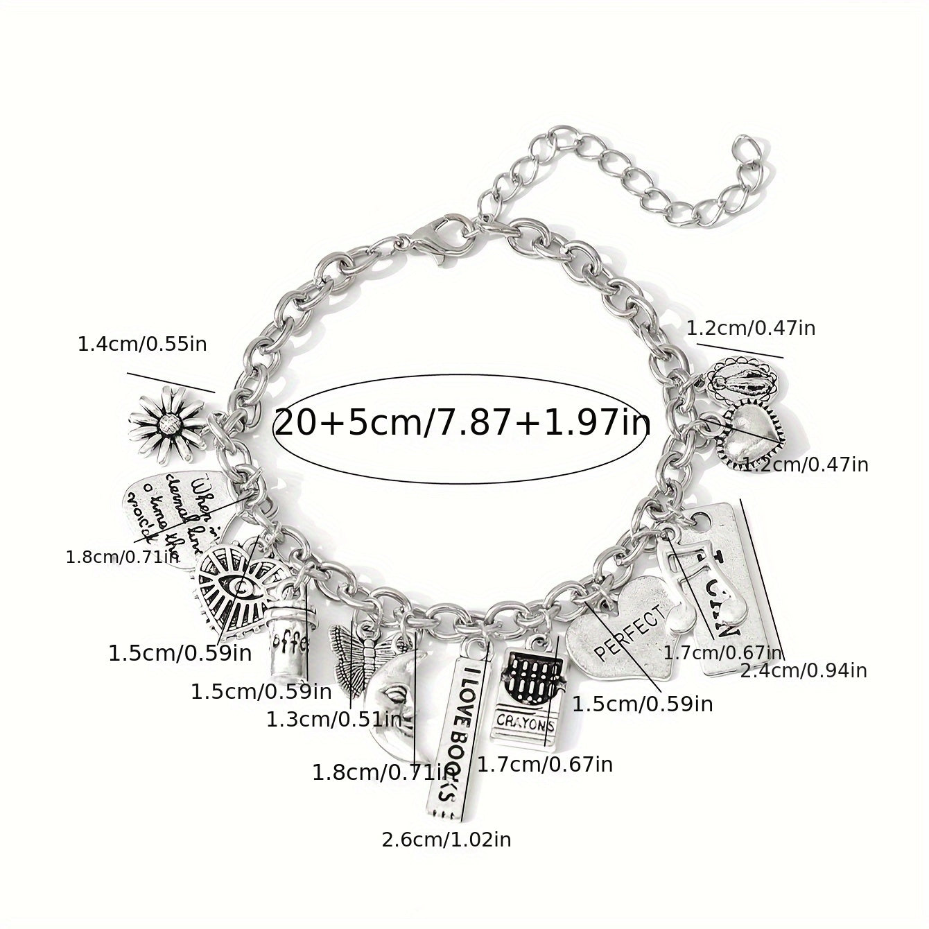 Zimonto - 1pc Iron Chain Alloy Pendant Bracelet Fashion Personality Coffee Cup Moon Butterfly Love Letters ICAN Musical Note Pendant Bracelet Gift for Sisters and Couples