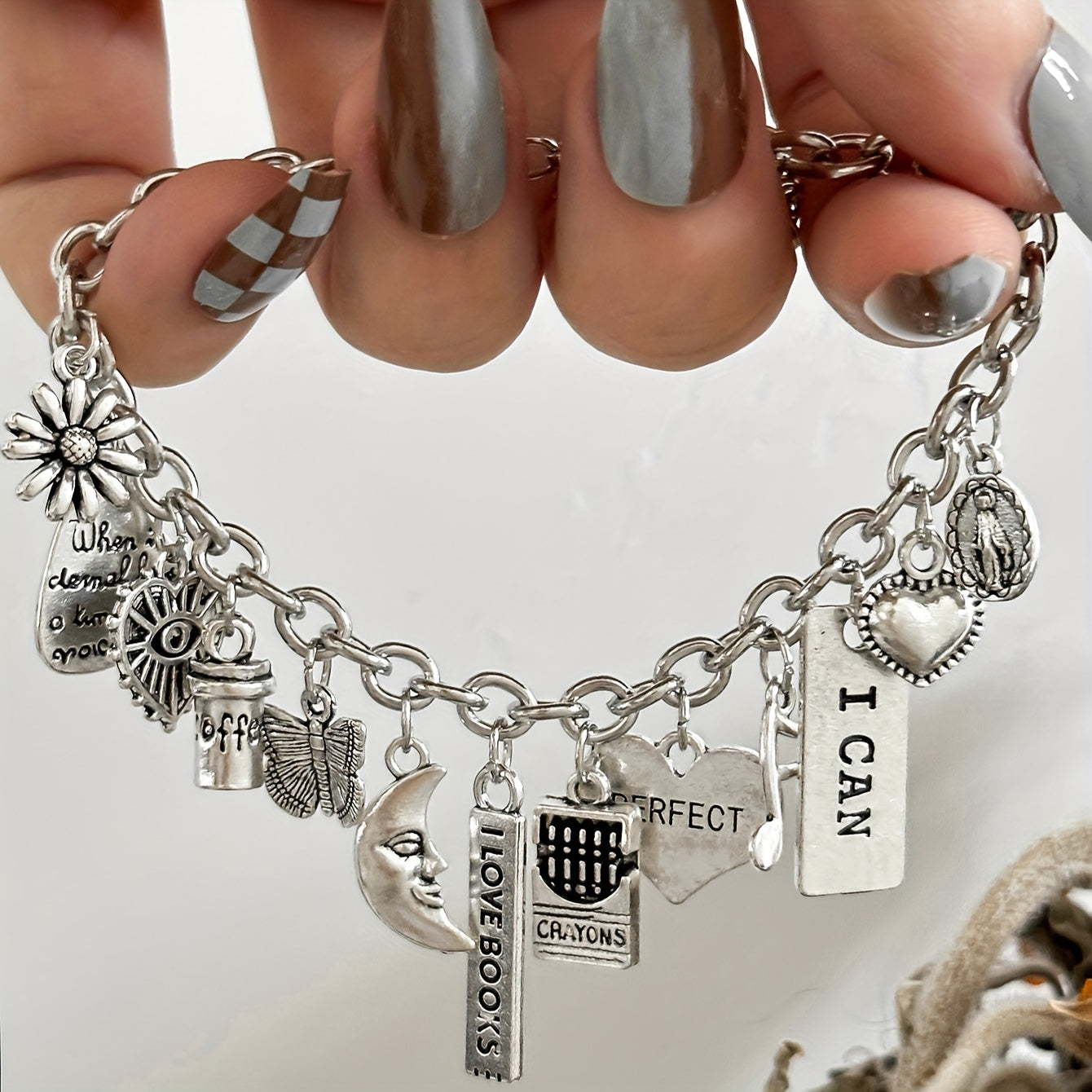 Zimonto - 1pc Iron Chain Alloy Pendant Bracelet Fashion Personality Coffee Cup Moon Butterfly Love Letters ICAN Musical Note Pendant Bracelet Gift for Sisters and Couples Antique Silvery