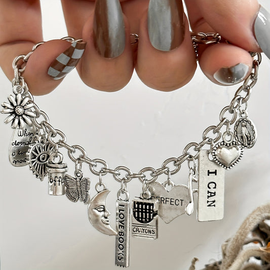 Zimonto - 1pc Iron Chain Alloy Pendant Bracelet Fashion Personality Coffee Cup Moon Butterfly Love Letters ICAN Musical Note Pendant Bracelet Gift for Sisters and Couples Antique Silvery