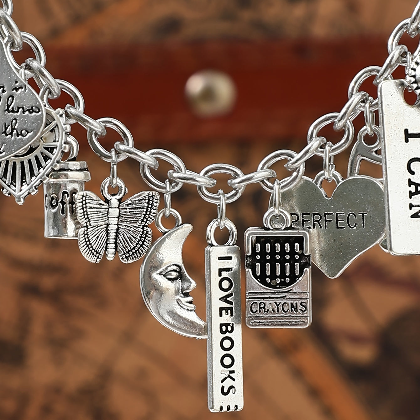 Zimonto - 1pc Iron Chain Alloy Pendant Bracelet Fashion Personality Coffee Cup Moon Butterfly Love Letters ICAN Musical Note Pendant Bracelet Gift for Sisters and Couples